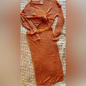 Orange Knitted Midi Skirt & Top Set